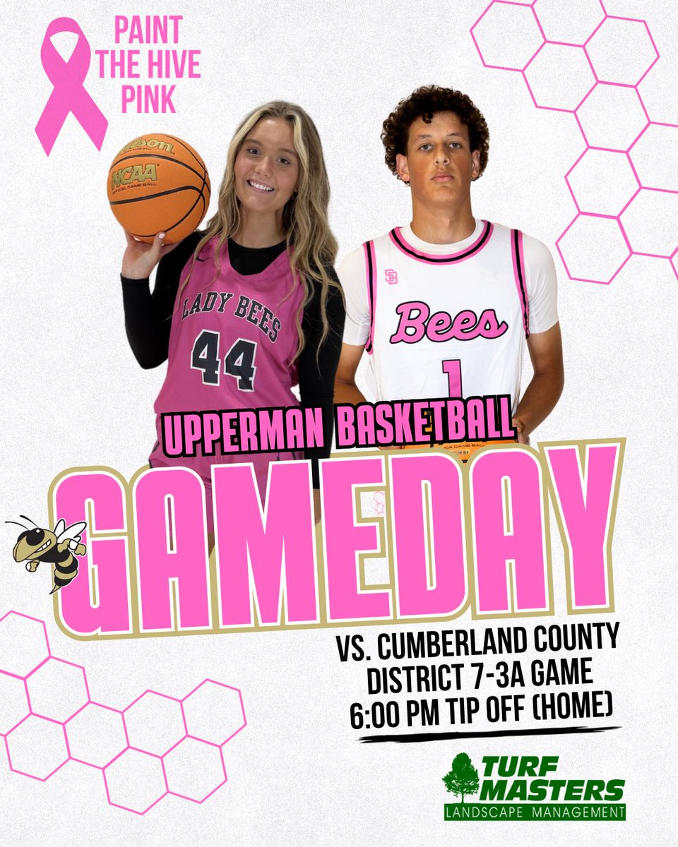 uppermanhoops's tweet photo. We are at HOME tonight for PINK OUT! Varsity tips at 6:00 for a District rematch against the Jets. Let’s Go Bees! 
🐝🎗️🏀

#PaintTheHivePink

#GoldStateOfMind https://t.co/WAto44dKRE