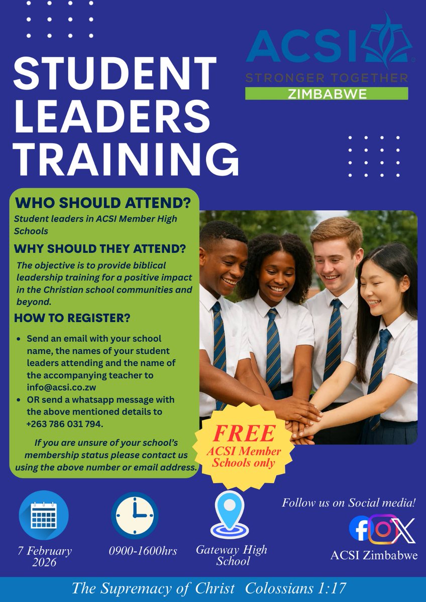 AcsiZimbabwe's tweet photo. We are very excited by the upcoming Student Leaders Training! With over 70 students already registered - this is going to be an impactful and fun time!!

#ACSI #ACSIZimbabwe #ATS_CHISZ #InvestingInTheFuture #christianeducation #TheSupremacyOfChrist https://t.co/YX914aAC3f