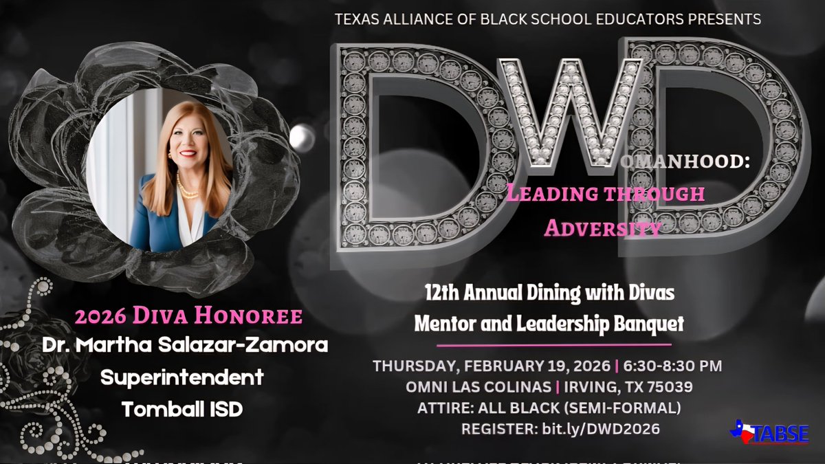 DWDivas14's tweet photo. History-maker. Barrier-breaker. Standard-setter.
Dr. Salazar-Zamora, Superintendent of Tomball ISD, is the 2023 Texas Superintendent of the Year and the first female &amp; Hispanic leader in district history.

Witness leadership in action at #DWD2026. 🎟️ https://t.co/E9oanZLqXi https://t.co/Ke37Fx2DgP