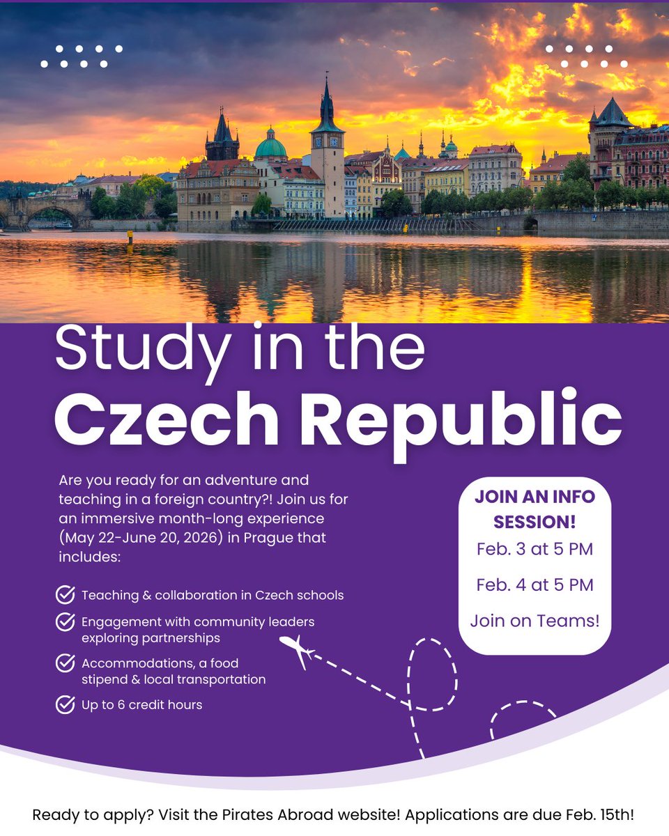 ECU_COE's tweet photo. Info sessions today and tomorrow! 📢 

Join us on Teams today (2/3) and tomorrow (2/4) at 5 PM to learn more about our Prague, Czech Republic study abroad trip!

Learn more about the trip and access the Teams links ➡️ https://t.co/vckBf8hC3p https://t.co/O8cPDASCZa