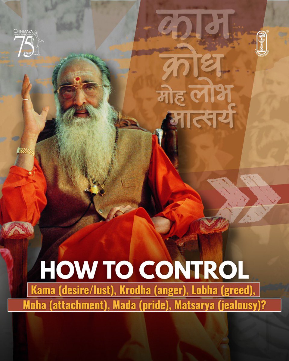 Chinmayananda's tweet image. How to control #lust, #anger, #greed, #attachment, #pride, #jealousy? Swipe to read the best advice given by  #SwamiChinmayananda!

#lusty #lustful #angermanagement #angerissues #jealousy