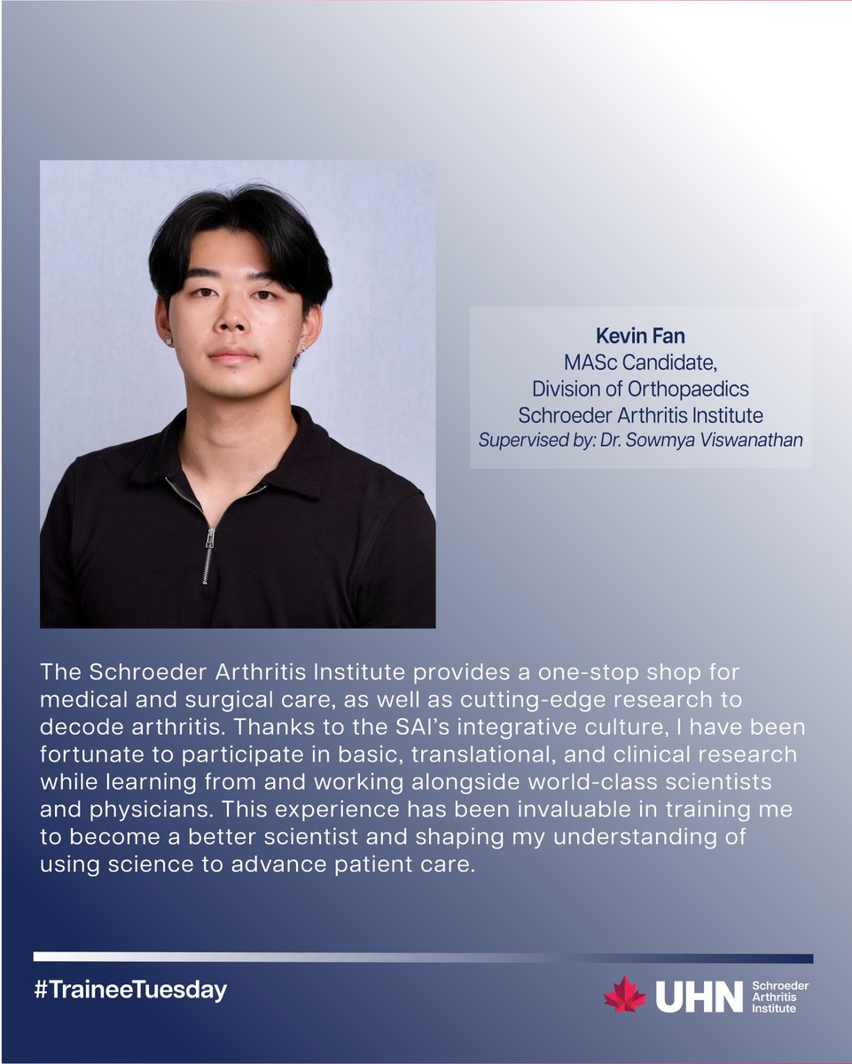 SchroederInst's tweet photo. It's #TraineeTuesday! Meet Kevin Fan, Master's Student within the Division of #Orthopedics @SchroederInst, supervised by Dr. Sowmya Viswanathan. "I have been fortunate to participate in basic, translational and clinical research while learning from and working alongside world-class scientists and physicians."