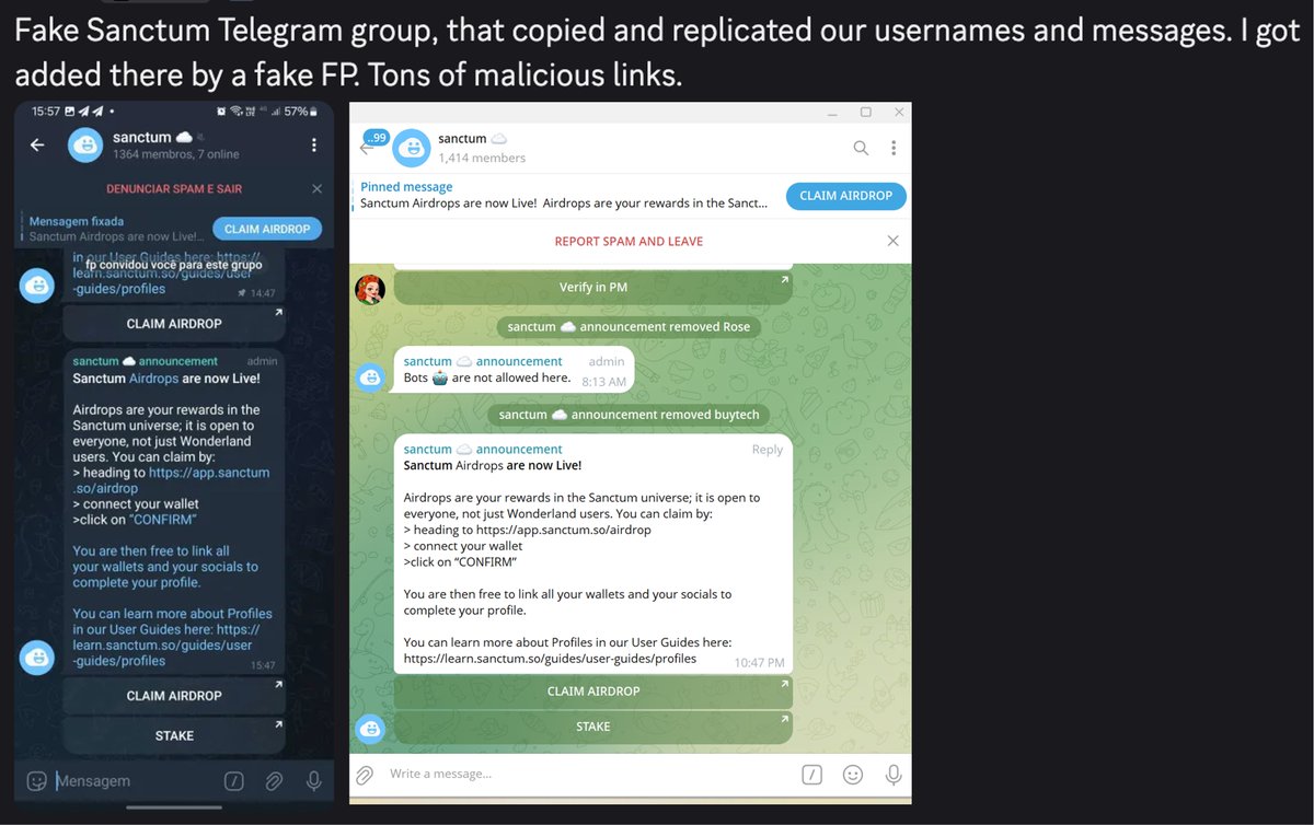 🚨 Security Alert — Fake Sanctum Telegram Group 🚨

We’ve identified a fake Sanctum Telegram group that is adding community members (including team members) without consent. If you were added by a fake team member, please report the group, block the account, and leave