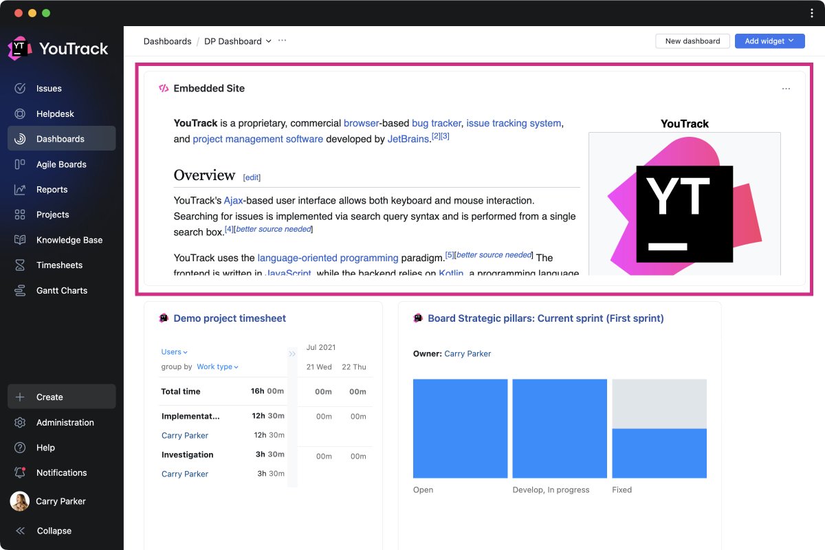 youtrack's tweet photo. Bring relevant external web content right to your dashboards, articles, and tasks. The Embedded Sites app by @jjideenschmiede lets you embed iframe-based websites as widgets. Get it now: https://t.co/vOYM4Dr4YI https://t.co/57tO1cQXRV