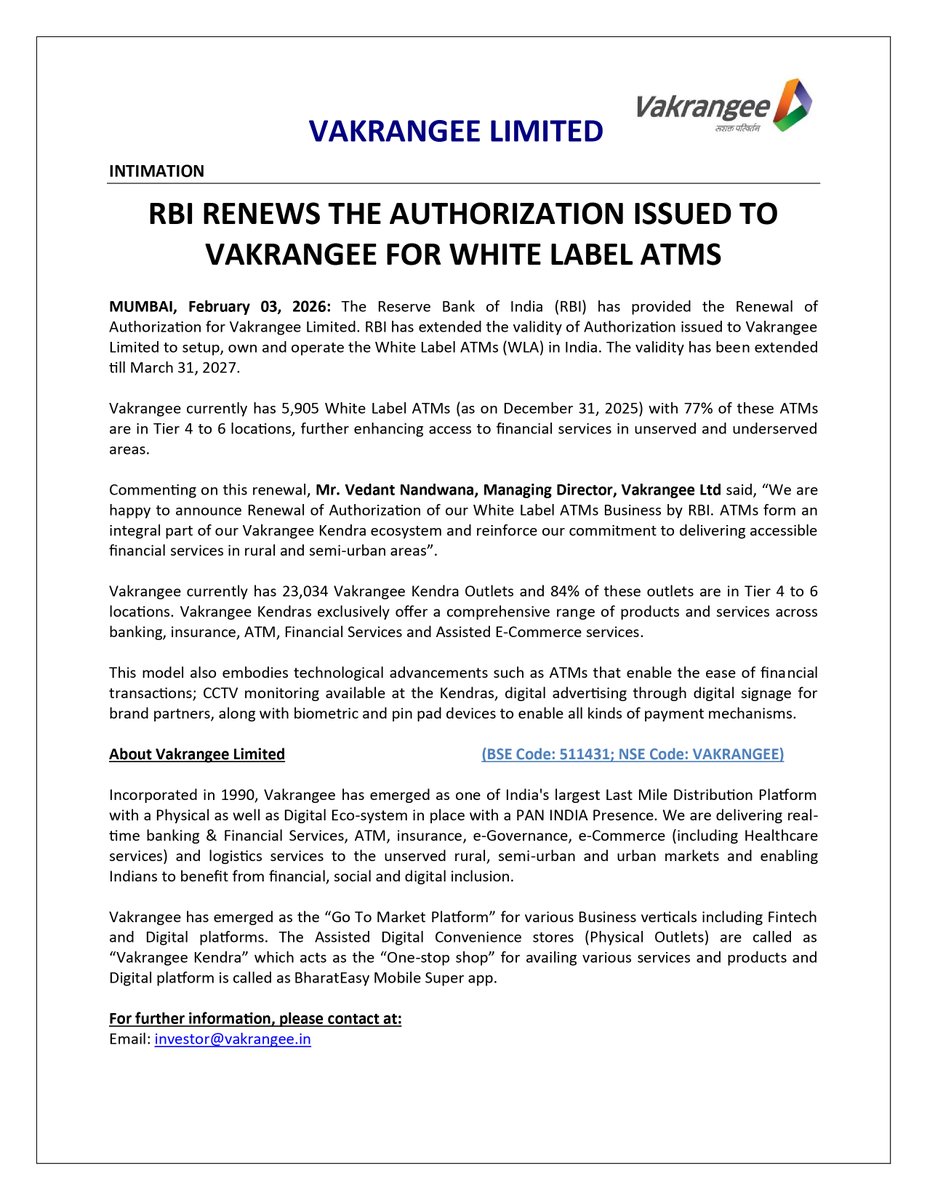 Vakrangee_Ltd's tweet photo. RBI renews the authorization issued to Vakrangee for white label ATMs.
Read more: https://t.co/OzRlyB2fqs
#Vakrangee #VakrangeeKendra #VakrangeeLimited #WhiteLabelATMs #FinancialInclusion #ATM #ATMServices https://t.co/KSdcrGIfxm