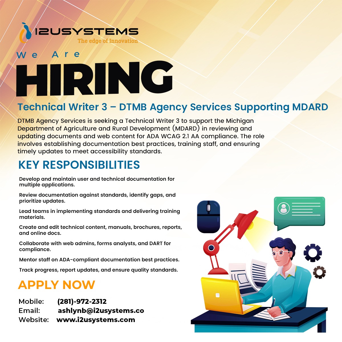 I2uSystems's tweet photo. 🚀 We’re Hiring: Technical Writer 3 – Michigan (Hybrid)

Join DTMB Agency Services supporting MDARD to create ADA-compliant technical documentation! Work on impactful projects, lead teams.
📞 Call: (281)-972-2312

📧 Email: ashlynb@i2usystems.com
https://t.co/7k81AgpgTV https://t.co/RVF6vLWw81