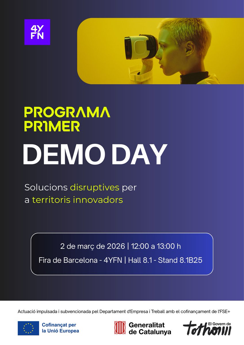 emprencat's tweet photo. 🚀 El #ProgramaPrimer tornarà a tenir una presència destacada al Pavelló Catalonia del @4YFN_MWC. 

 📆El 2/3 hi farem un #DemoDay amb les sis millors #startups de l'edició 2025.

ℹ️https://t.co/nKNThyf2AA  

👉Programa impulsat per @empresacat amb el cofinançament de @FonsUECat https://t.co/OHk9luqwka