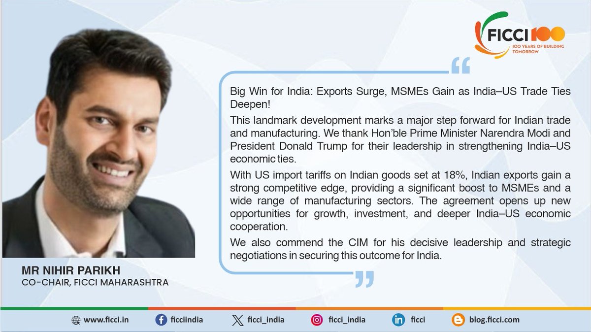 ficci_india's tweet photo. #IndiaUSTradeDeal is a landmark development marking a major step forward for Indian trade and manufacturing: Mr Nihir Parikh, Co-chair, FICCI Maharashtra State Council https://t.co/mEVFZg0kHv