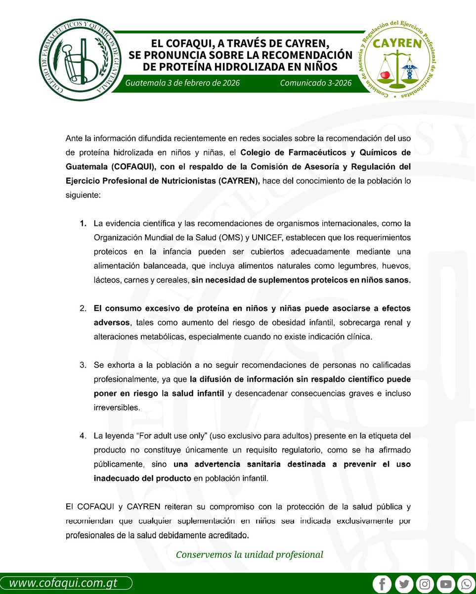 CofaquiGuate's tweet image. 📜 𝗖𝗢𝗠𝗨𝗡𝗜𝗖𝗔𝗗𝗢 𝗖𝗢𝗙𝗔𝗤𝗨𝗜

El COFAQUI, a través de la Comisión de Asesoría y Regulación del Ejercicio Profesional de Nutricionistas (CAYREN), se pronuncia sobre la recomendación de proteína en niños.

#SoyNutricionista
#YoEstoyacolegiado
#SoyCOFAQUI