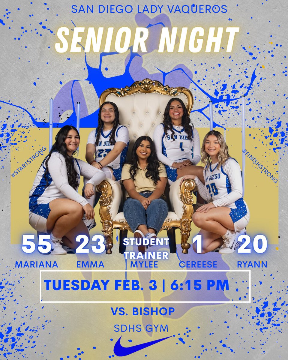 SDLVbball's tweet photo. It’s GAMEDAY for your Lady Vaqueros!! 💙💛🏀 Last HOME game of the regular season! They take on the Bishop Lady Badgers starting at 6:15pm! Come out and support as we celebrate the seniors with SENIOR NIGHT before our game! https://t.co/FYftcTl8ie