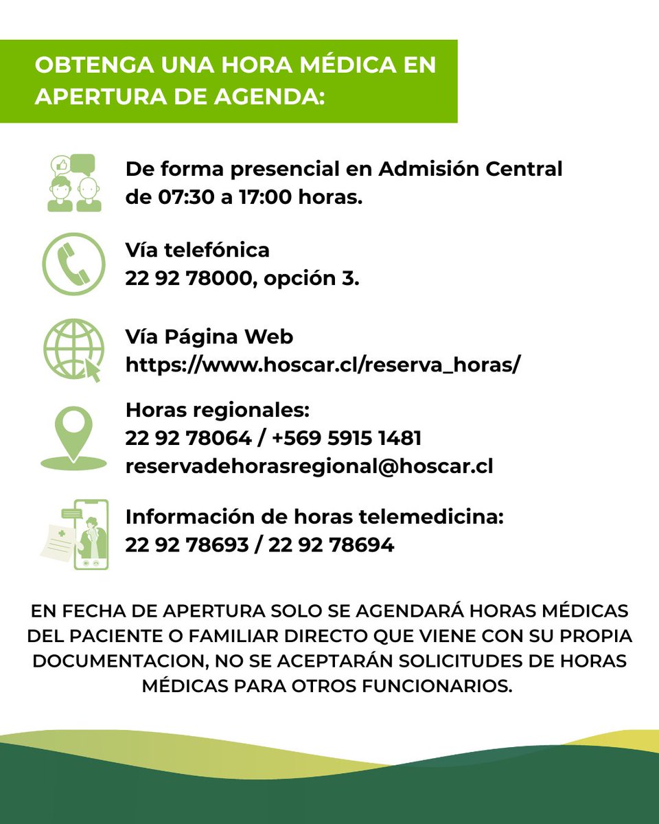 ¡Atentos!
HOSCAR informa apertura horas médicas marzo 2026.  Traumatología, Unidad de Dermatología y exámenes de Colonoscopía y Endoscopía.
Miércoles 18 de febrero de 07:30 a 17:00 horas.
Revisa los documentos que se deben presentar y las formas para la reserva de horas.