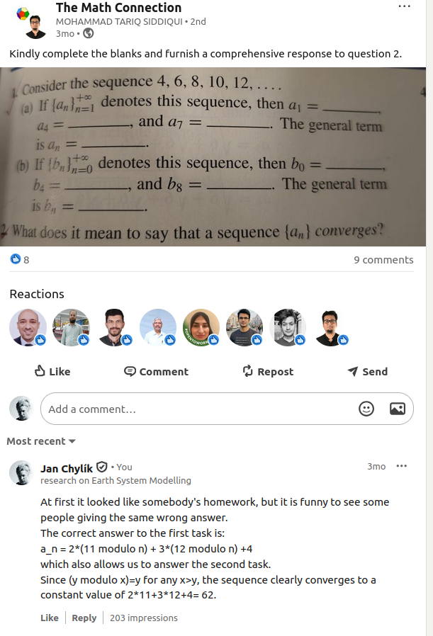 HonzaDX's tweet image. When some people misuse LinkedIn for their homework...  ...give them serious answer! | #maths #homework 
(for reference: linkedin.com/feed/update/ur… )