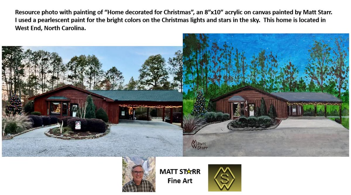 MattStarrFineA1's tweet photo. This is my recent acrylic painting of a wood frame home in West End, NC that is adorned with Christmas lights. https://t.co/3749oHBEjgย
#mattstarrfineart #home #house #christmas #christmaslightsย #art #paintings #tshirts #artist #artistic #artwork #artlovers #ArtoftheDay https://t.co/wk4tby85Yz