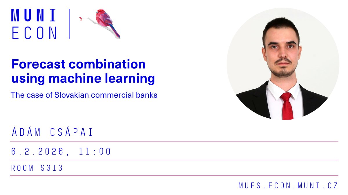 veda_econmuni's tweet photo. 📢#MUES research seminar

This Thursday,  Ádám Csápai from @euba_sk  will discuss "Forecast combination using machine learning: the case of Slovakian commercial banks". 💡

Join the seminar!

⏩https://t.co/u5IjDPs92j https://t.co/BZGdvISQhv
