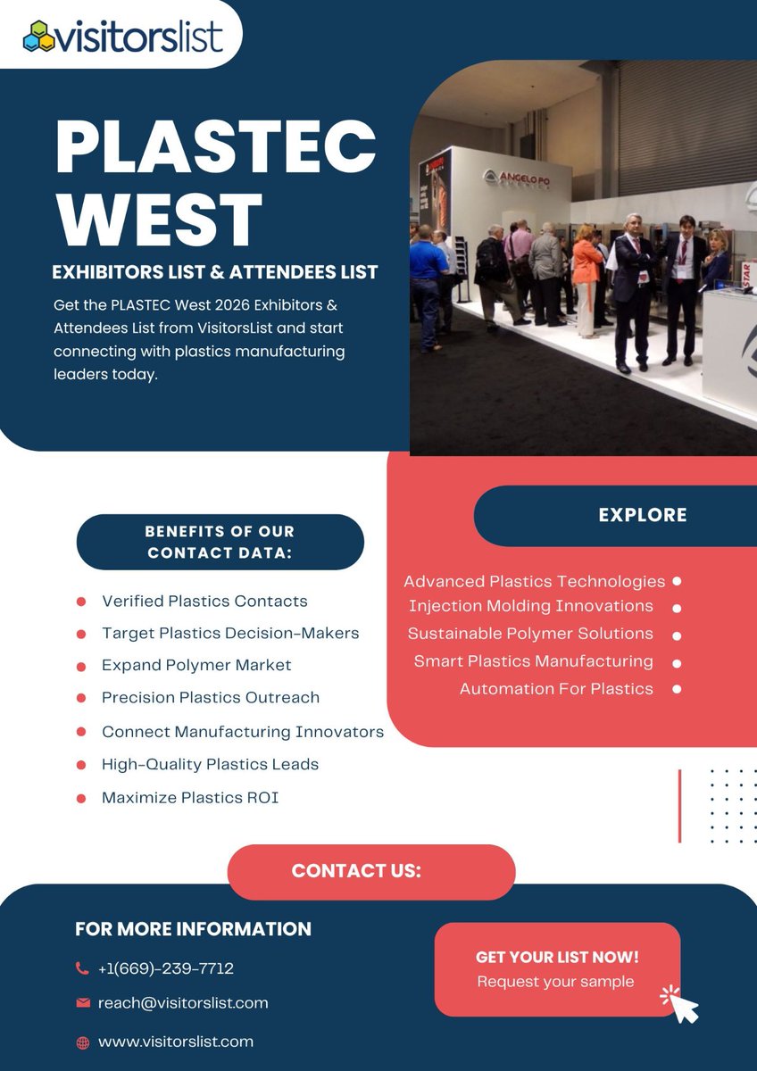 visitorslist's tweet photo. ⚙️Explore cutting-edge plastics manufacturing at PLASTEC West 2026!

♻️ Connect with industry leaders &amp; innovators shaping the future of materials.

👉 Explore the exhibitors &amp; attendees list: https://t.co/1Z7dmcswvX

#PLASTECWest2026 #PlasticsManufacturing #Materials #Industry40 https://t.co/COHFypgnll