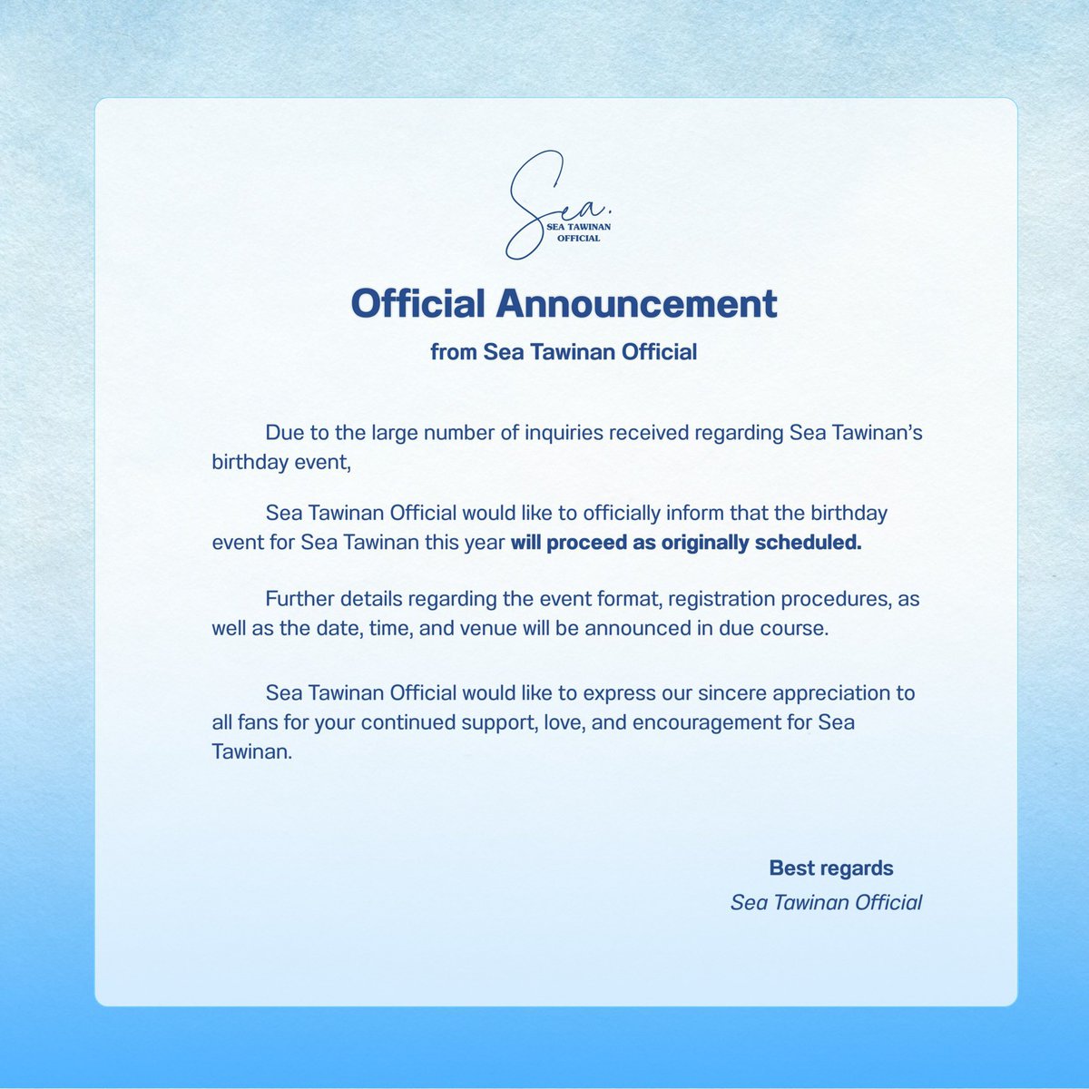 withphuwin's tweet photo. [update]

the fc who have confirmed that they won't hold a birthday event:
- fourth
- dunk
- william
- est
- ohm pawat
- marc 
- acare
- love
- gemini 

and the fc who are still holding it:
- sea tawinan https://t.co/NK2WdNEVtS