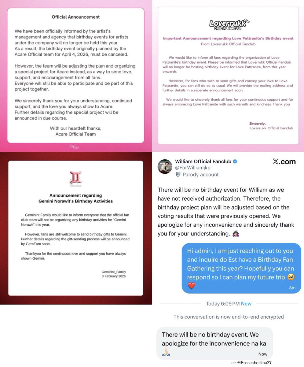 withphuwin's tweet photo. [update]

the fc who have confirmed that they won't hold a birthday event:
- fourth
- dunk
- william
- est
- ohm pawat
- marc 
- acare
- love
- gemini 

and the fc who are still holding it:
- sea tawinan https://t.co/NK2WdNEVtS