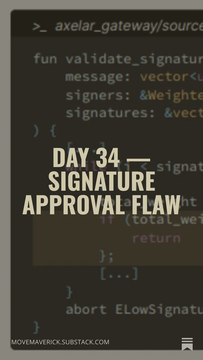 MoveMav's tweet photo. Move Bug a Day
Day 34 — Signature Approval Flaw
Full details + code: https://t.co/bVLm4yqX7v
#Move #MoveBugADay #Web3Security #Sui #Aptos https://t.co/AdKvLYpzne