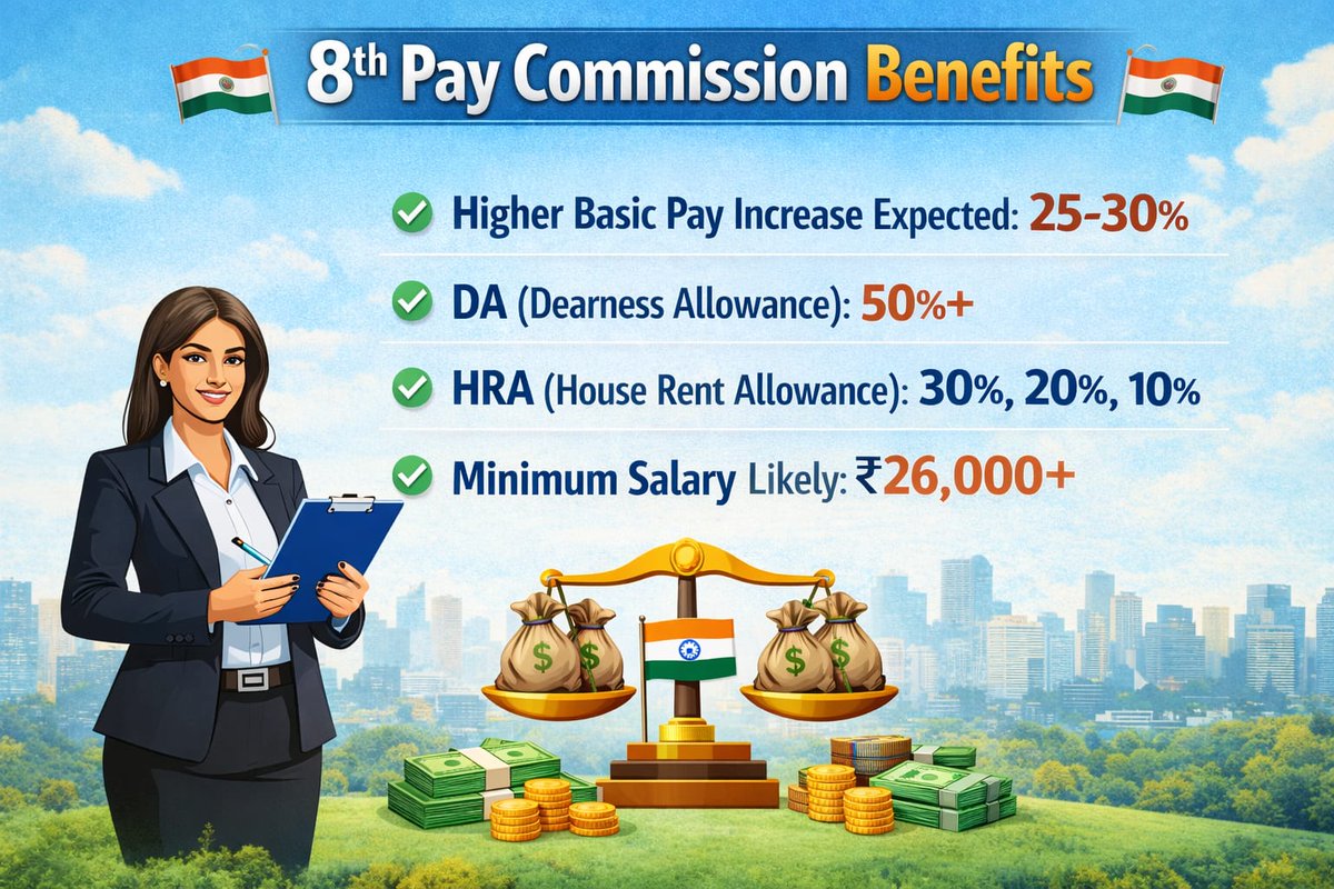 truecalculation's tweet photo. 8th Pay Commission benefits: higher salary hike, increased DA, improved HRA, and a higher minimum pay with a clean, professional background.
#8thpaycommission #paycommission #governmentjob 
#JOBLIFE @Vijayma70555375 https://t.co/xpWzYxtogt