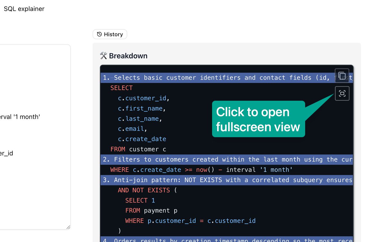 New requested feature: Fullscreen view 🔥. It makes viewing and verifying changes to complex queries lot easier and safer.