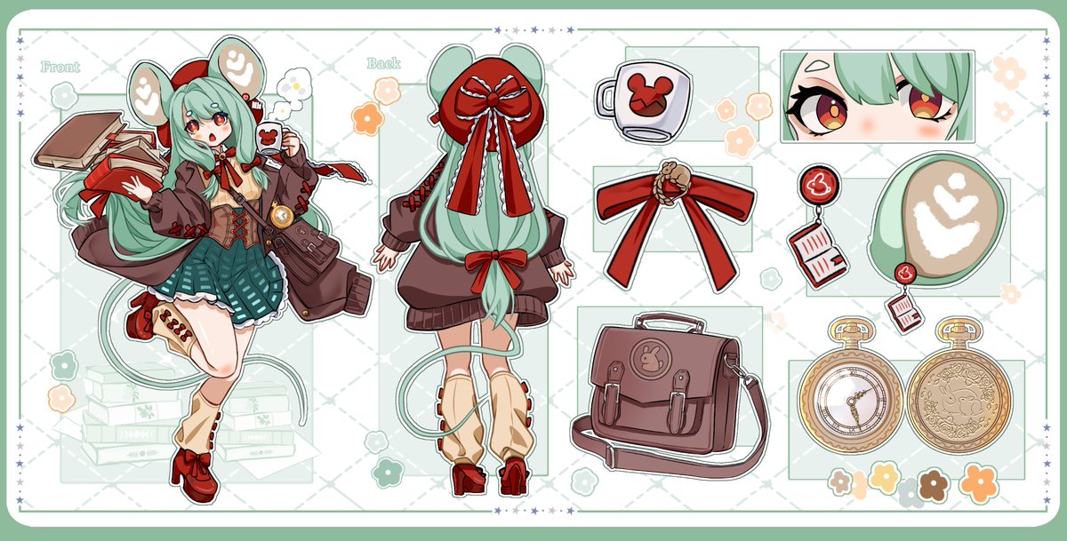 Hi! It's mousey old me again! Official character sheet out and with some amazing details.

🎨by <a href="/LyrisSama/">Lyris-sama 🍉 commission open on vgen</a>

As I sip my coffee and try and get a few pages in, I can't help but get distracted. I think this does capture my spirit so well as I'm always surrounded by books in some