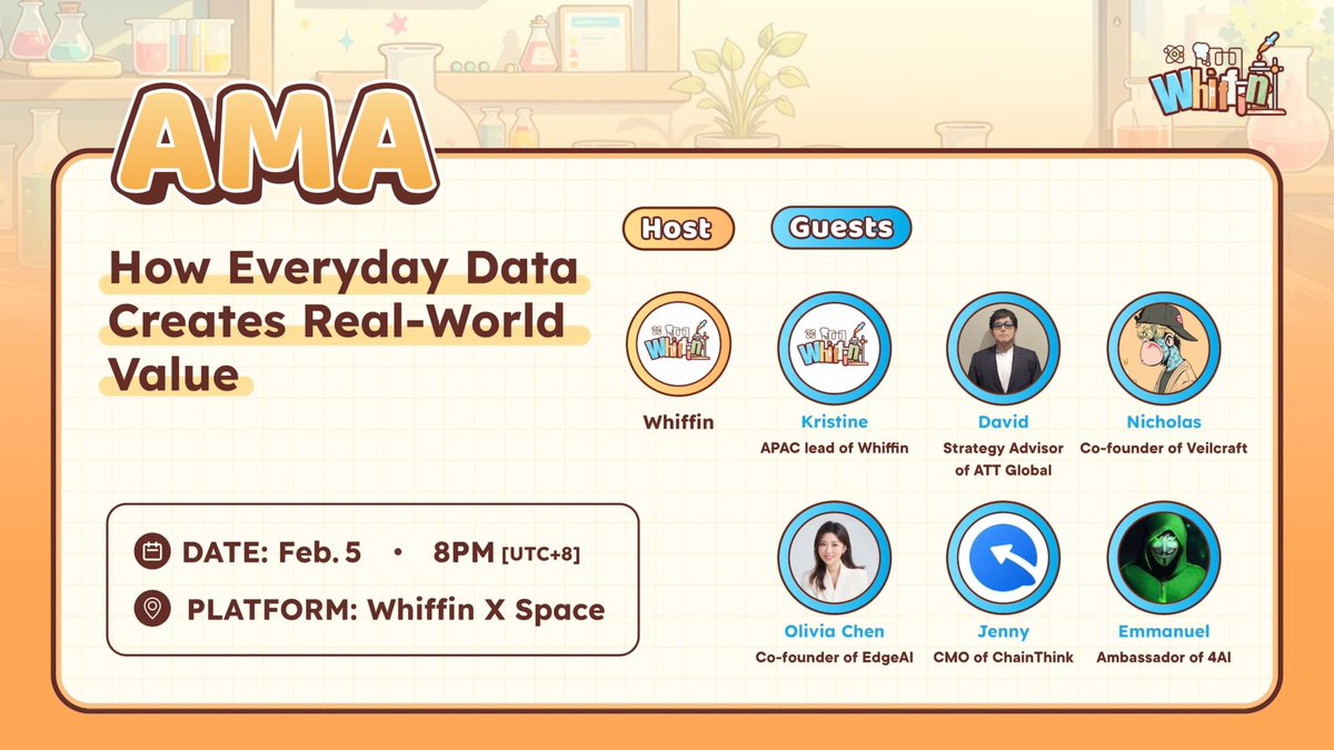 How Everyday Data Creates Real-World Value

Time: Feb. 5 (Thu) 8:00 PM UTC+8
Join us live: x.com/i/spaces/1nAKE… 

Speakers
🔸Kristine — APAC Lead, Whiffin
🔸Nicholas — Co-founder,  <a href="/playveilcraft/">Veilcraft</a> 
🔸David — Strategy Advisor, <a href="/aiwayworld/">ATT</a> 
🔸Olivia Chen — Co-founder, <a href="/EdgeAI_xyz/">EdgeAI</a>