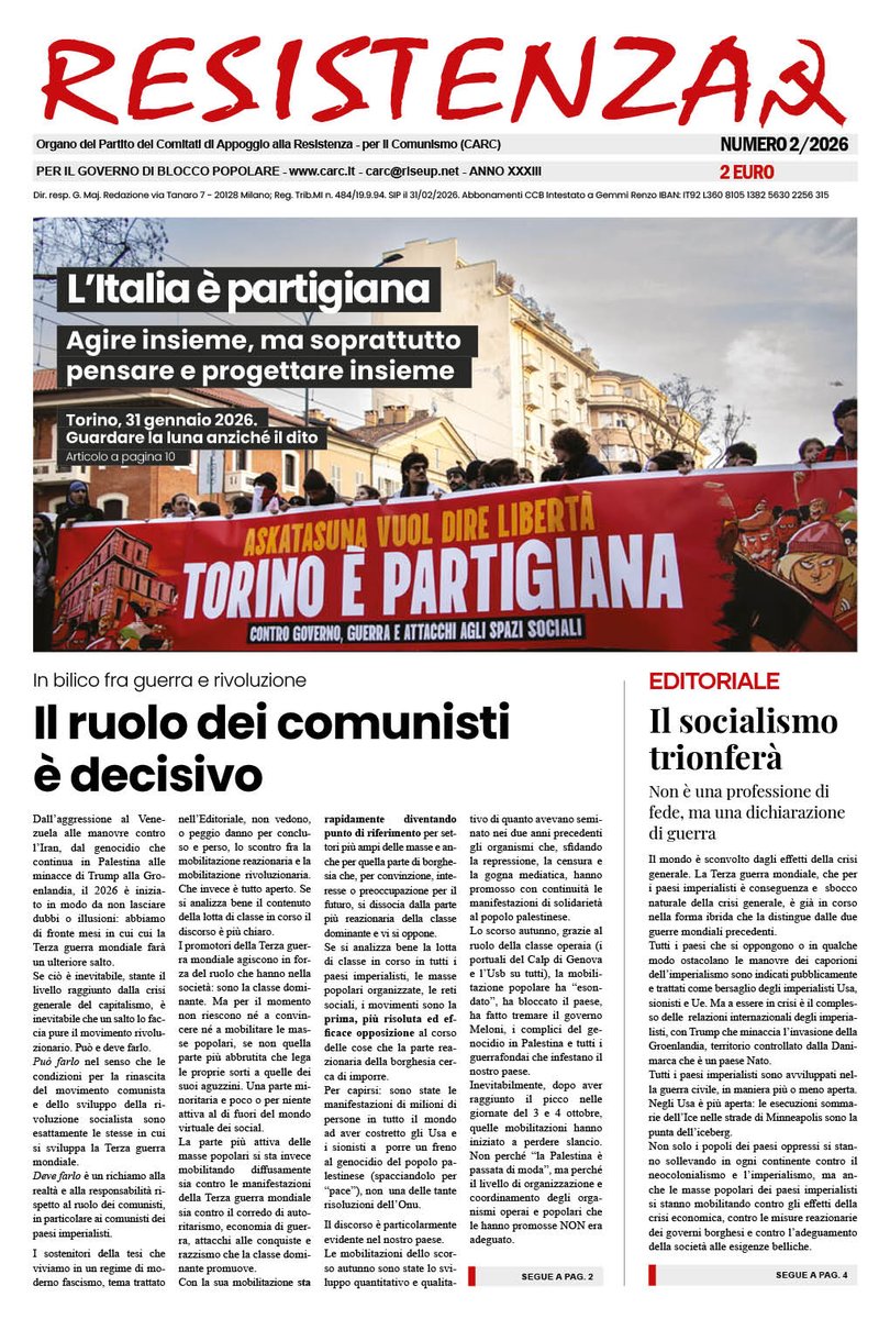 È uscito il numero 2/2026 di #Resistenza
Il marasma dilaga. Tutto spinge verso il salto epocale che l’umanità deve compiere: Tutto spinge a che il capitalismo sia sostituito dal socialismo. carc.it/resistenza/