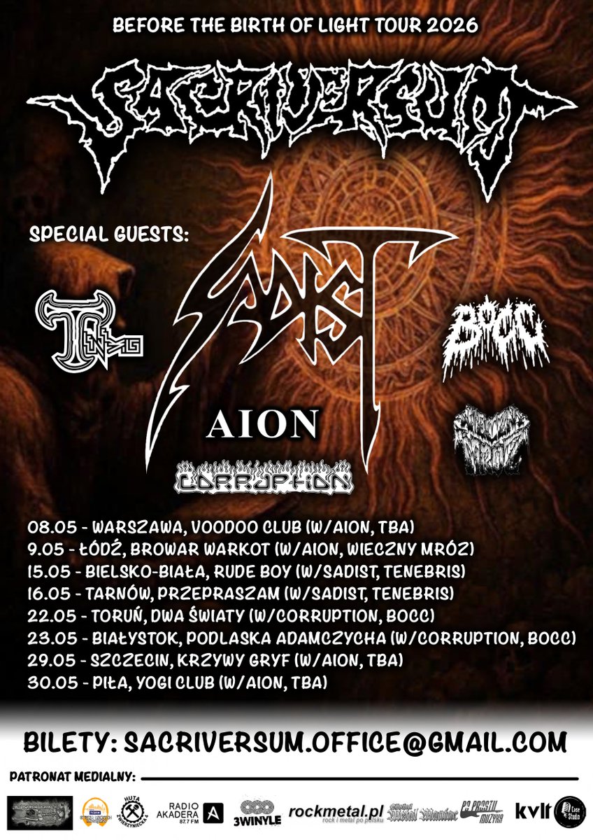 #SACRIVERSUM – Before the Birth of Light Tour 2026
with special guests: Sadist, Aion, Corruption, Tenebris, Bocc, Wieczny Mróz. #metal #deathmetal #concerts #gigs #tour #gothicmetal #blackmetal