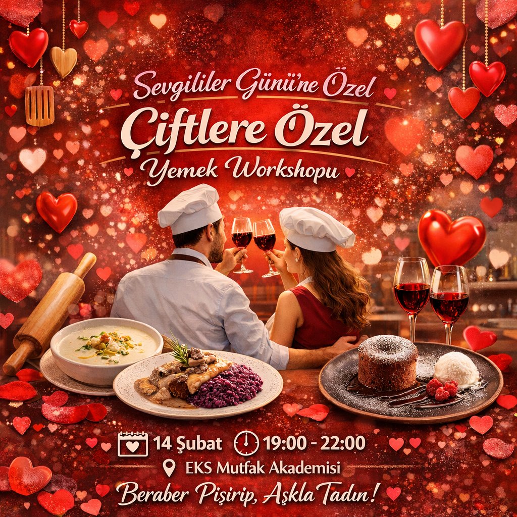 EKSMutfak's tweet photo. 💑 Sevgililer Günü’ne özel bir deneyime hazır mısınız?  14 Şubat’ta, EKS Mutfak Akademisinde aşk mutfağa taşınıyor! ❤️Sevgilinizle birlikte aynı tezgâhı paylaşacağınız, birlikte pişirip birlikte tadacağınız özel bir çift kişilik workshop sizi bekliyor. 

 🗓 14 Şubat 
⏰ 19:00 – 22:00 
📍 EKS Mutfak Akademisi  

Birlikte öğrenin, birlikte eğlenin ve bu Sevgililer Günü’nü unutulmaz bir anıya dönüştürün ✨ 

👉 Kontenjan sınırlıdır, yerinizi şimdiden ayırtmayı unutmayın!

https://t.co/WDhyNQBGRF 

@chefeyupkemalsevinc #SevgililerGünü #ÇiftlereÖzel #EKSmutfakAkademisi #AşklaPişir #ValentinesDayWorkshop #BirliktePişiriyoruz