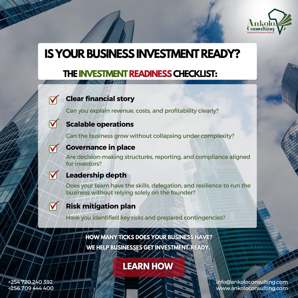 Ankolo_Consult's tweet photo. Think your business is investor-ready?
Revenue and ideas aren’t enough. Ops, governance, leadership &amp; risk strategy matter
We help founders fill gaps &amp; turn ambition into execution.
Is your business truly investment-ready?
#InvestmentReadiness #BusinessGrowth #StrategyDevelopment https://t.co/VwSZmnKcBR