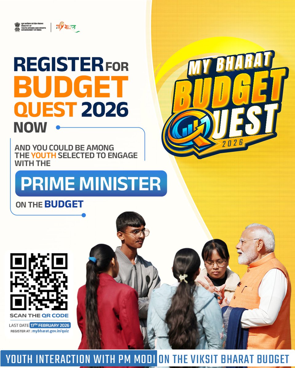 YuvaJamui's tweet photo. Imagine discussing your ideas on the Budget with the Prime Minister himself. Participate in the MY Bharat
#BudgetQuest2026, prove your knowledge, and you could get the opportunity to interact with Hon’ble
PM Shri Narendra Modi ji. #MYBharat https://t.co/q37tjgjWEh