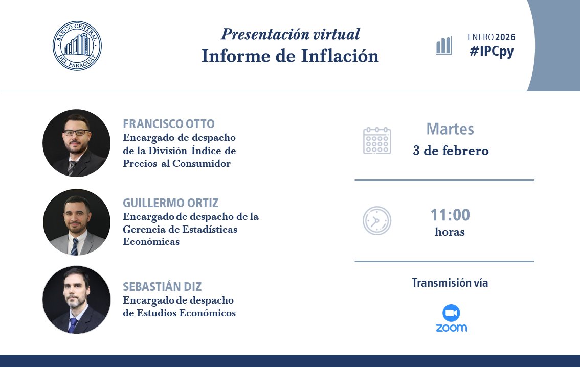 BCP_PY's tweet photo. AHORA | Presentación del Informe de Inflación, correspondiente a enero 2026.
#IPCpy
Transmisión vía Zoom: https://t.co/1LNEDOjNNm https://t.co/liQ8vscsgE
