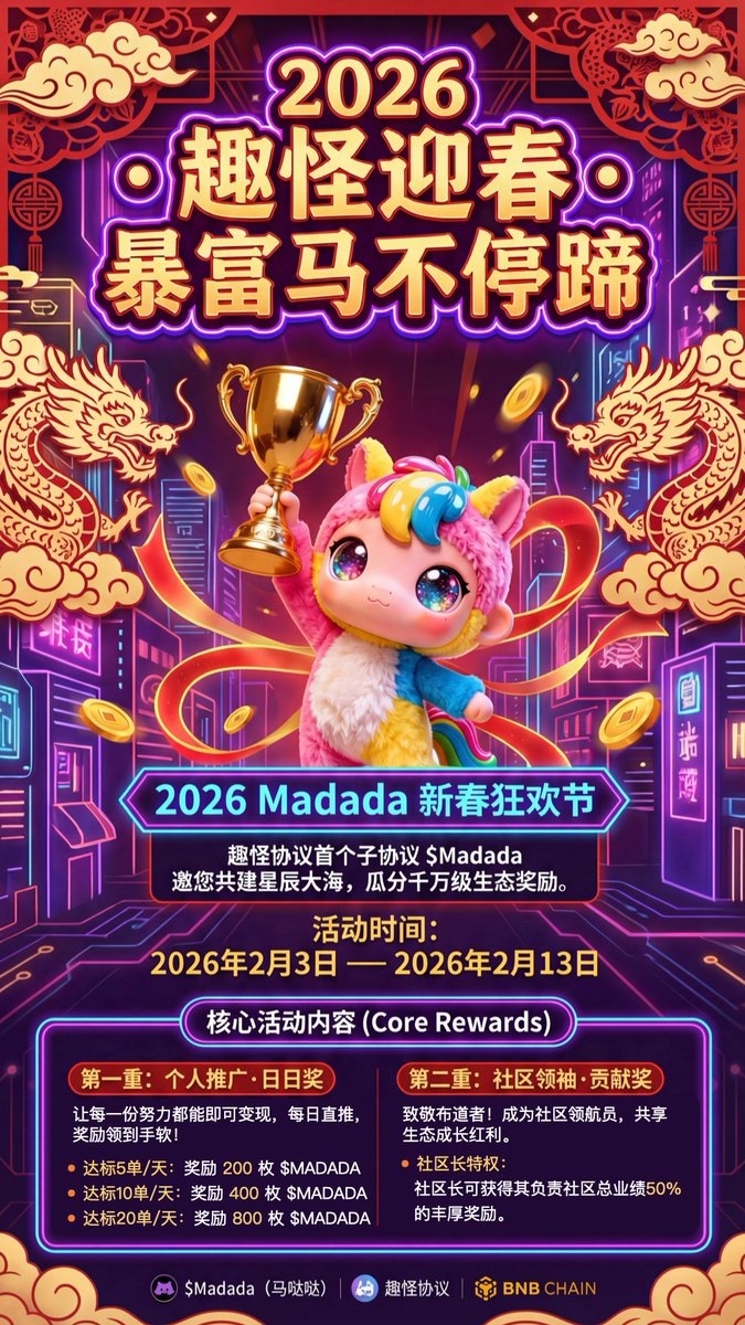 MadadaIP's tweet photo. 🐴✨ 2026 Madada Spring Carnival is ON! (Feb 3–13)
🎯 Daily promo rewards
👑 Community leader bonus
$MADADA on BNB Chain
#Madada #BNBChain #DeFi #Meme https://t.co/q6mw3z02F3