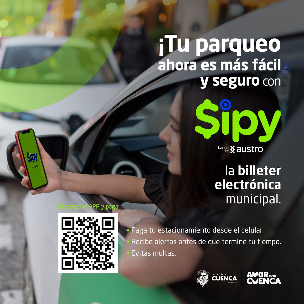 MunicipioCuenca's tweet image. ¡Tu parqueo en espacios públicos en Cuenca ahora es más fácil y rápido! 🚘

Con la billetera electrónica municipal #Sipy puedes: 

📱 Pagar tu estacionamiento tarifado desde el celular 
⏰ Recibir alertas antes de que termine tu tiempo 

👉 play.google.com/store/apps/det…

#AmorPorCuenca