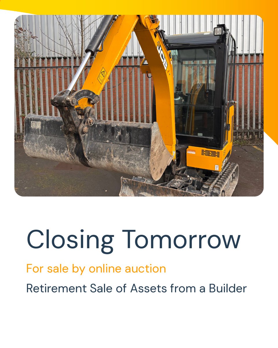 Eddisons_assets's tweet image. CLOSING TOMORROW!

Retirement Sale of Assets from a Builder

Location: BTG Eddisons, The Auction Centre, Dunlop Way, Scunthorpe, DN16 3RN

Auction Closes 1pm Thursday 12 February 2026

auctions.eddisonsassets.com/auctions/9542/…

#onlineauction #powertools @JCBmachines  @iforwilliams_se @DEWALTtough