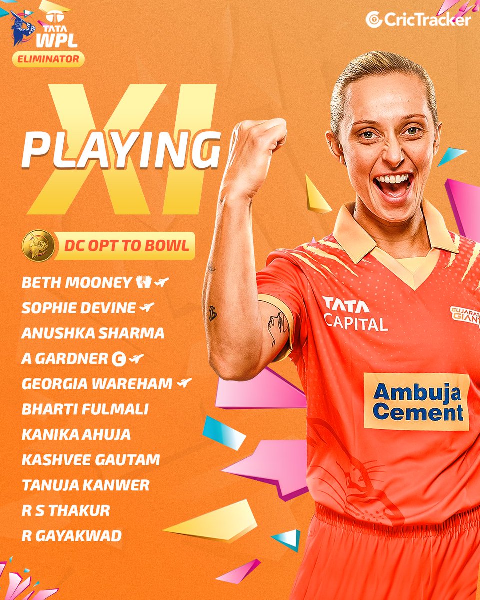Cricketracker's tweet photo. Presenting the playing XIs of both sides, as Delhi Capitals Women have opted to bowl first against Gujarat Giants in the WPL 2026 Eliminator. 

#WPL2026 #WPLEliminator #DCWvsGGW https://t.co/pqpM0IXNSc