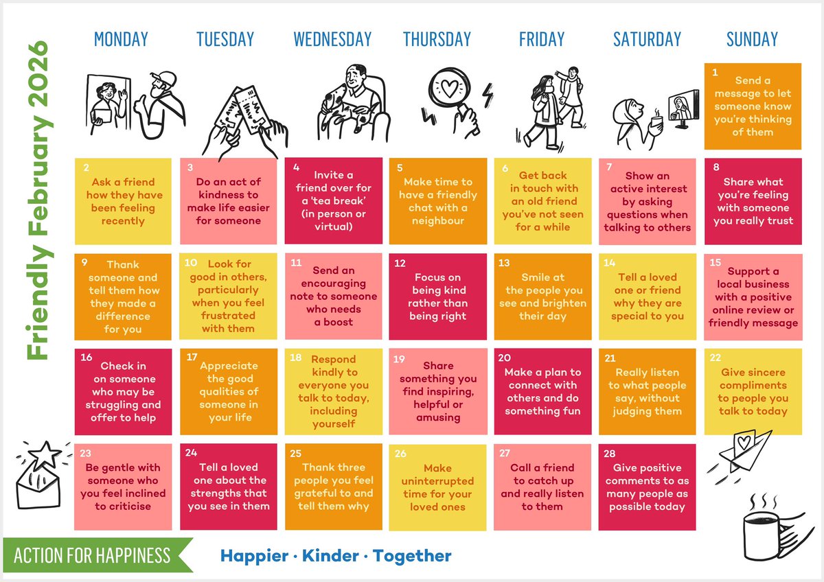 actionhappiness's tweet photo. Friendly February - Day 3: Do an act of kindness to make life easier for someone https://t.co/BZj11Sfacg #FriendlyFebruary https://t.co/I69BCaaCZk