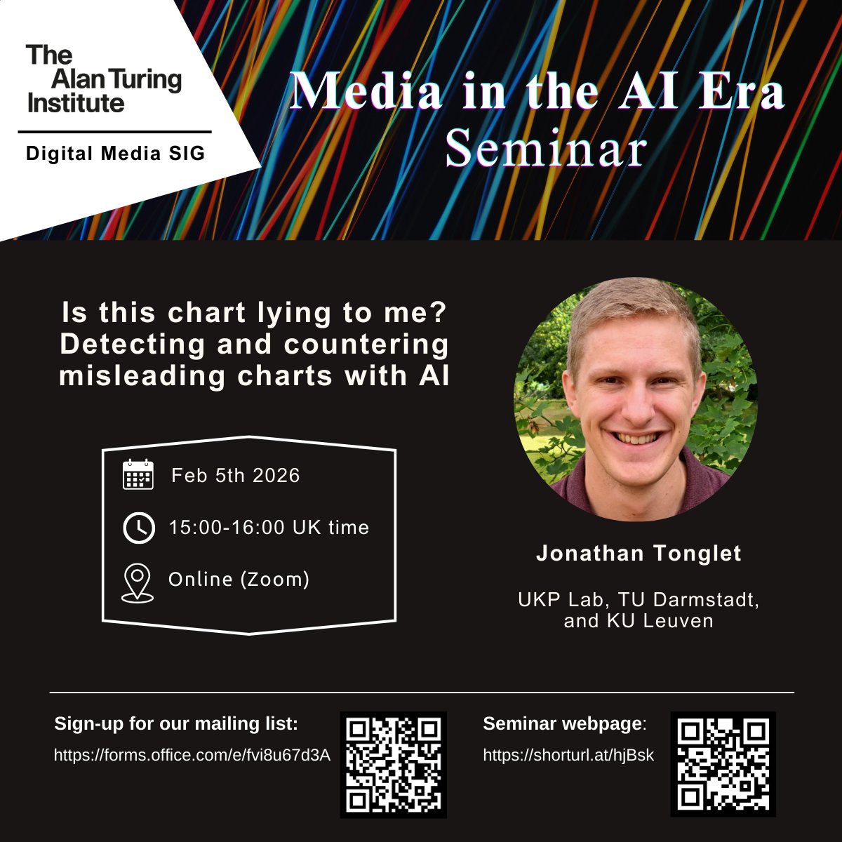 DigitalMediaSIG's tweet photo. Our next seminar, on the topic "Is this chart lying to me? Detecting and countering misleading charts with AI", will take place online on February 5th, at 15:00 UK time. Please sign up for our mailing list (on the picture below) to receive the link. https://t.co/EUBqplM93D