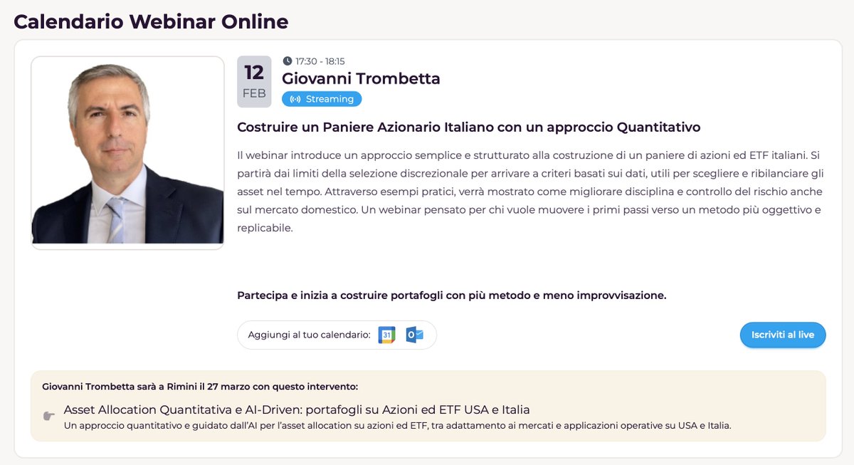 Il 12 febbraio, alle 17.30, terrò il primo dei due webinar dedicati all'Asset Allocation strategica e tattica che ci traghetteranno all'evento fisico YouFinance.it del 27 marzo a Rimini.

youfinance.it/investi-bene-2… 

#youfinance #assetallocation #quantitativeanalysis #AI