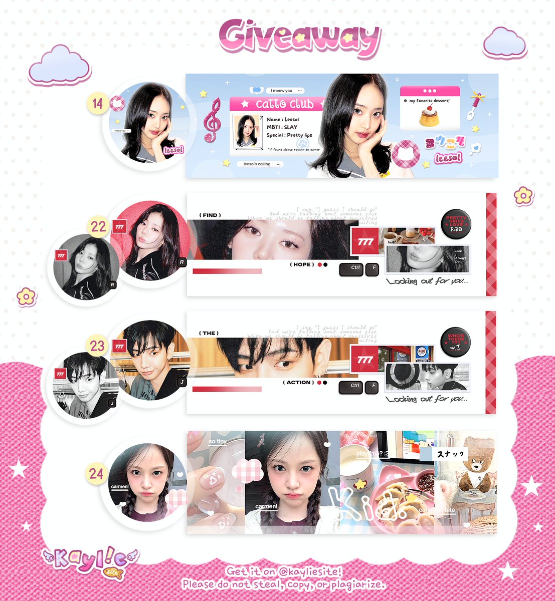 hzaeum's tweet image. 🥣     ♡゙の.     'nllo guysss! Ada 6 layout FREE yang bisa kalian jemput dari sekarang 🐱🌸 claim by reply, langsung sebut face claimnya aja! Syaratnya RT ini + shoutout (kalau dapat) ૮ ˶ᵔ ᵕ ᵔ˶ ა yuk yuk siapa cepat, dia dapat!  🛵 

#zonauang  giveaway