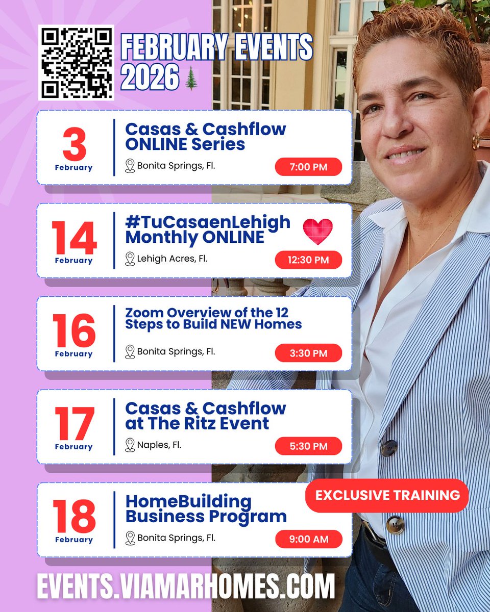 February’s calendar is live 💙

These are the spaces we’re opening this month for learning, investing, and building new homes.

No hype. No pressure. 
Just showing up and sharing what we know.

Details and Registrations here:
👉 events.viamarhomes.com