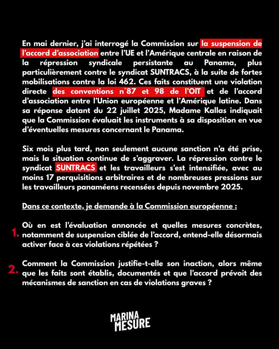 MarinaMesure's tweet photo. 🇵🇦El pasado mes de julio viajé a Panamá para apoyar a los trabajadores del sindicato SUNTRACS, que estaban sufriendo una represión sindical sin precedentes por parte de su Gobierno. 

🚨Seis meses después, y a pesar de las alertas, no se ha tomado ninguna sanción y la situación sigue empeorando. 

✍️ En virtud de las cláusulas de respeto de los derechos fundamentales del acuerdo de asociación entre la UE y Centroamérica, he decidido volver a interpelar a la Comisión Europea.