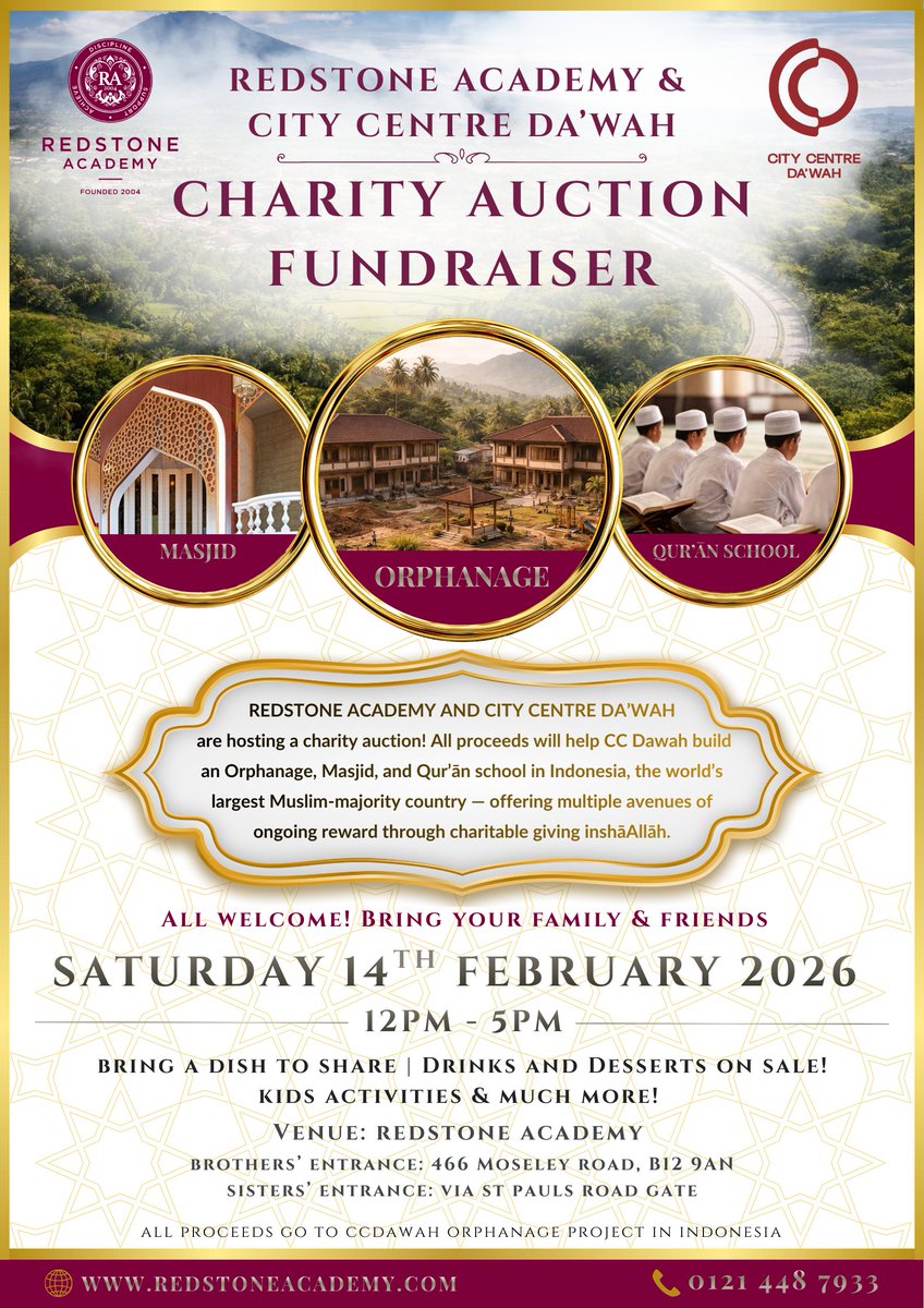 RedstoneAcademy's tweet photo. 📢Charity Auction Fundraiser 📢
      – In Partnership with @CCDawah 
🗓 Sat 14 Feb | 🕛 12–5pm
📍 Redstone Academy

🍽 Bring a dish to share
🥤Drinks &amp; desserts on sale
🎈 Kids’ activities &amp; more
✨All welcome – bring family &amp; friends!
See the poster below for more details! https://t.co/CFHqOc1VGJ