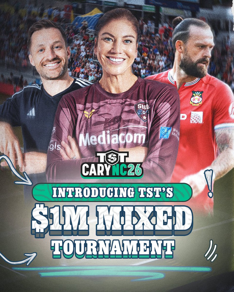 TST7v7's tweet image. BREAKING NEWS: TST is launching a third $1MILLION competition, headlined by Hope Solo, AFC Wrexham &amp;amp; Hashtag United!

⚽️Introducing TST’s Mixed Tournament: 16 teams of men &amp;amp; women shifting on and off the field throughout the match!

TST Ticket Waitlist: tst7v7.com/2026waitlist