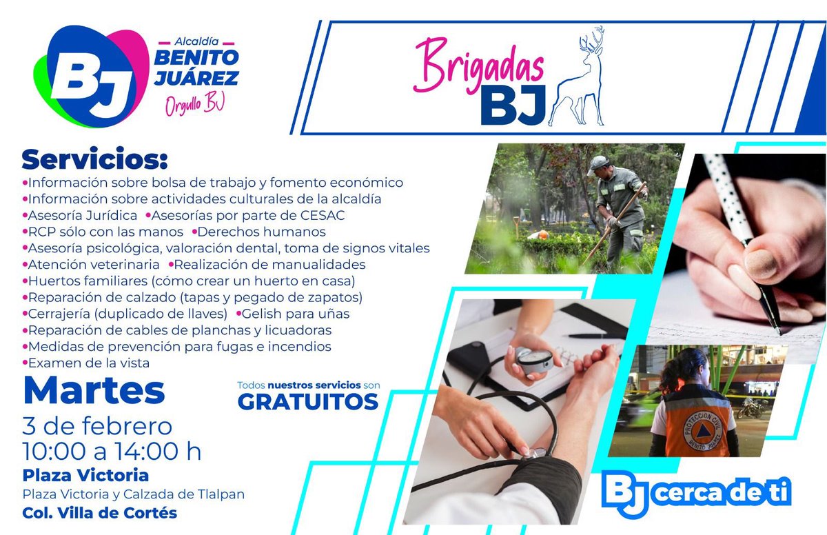 Las #BrigadasBJ llegaron a la colonia Villa de Cortés.
Acércate para recibir atención médica, asesorías, información sobre los servicios de la alcaldía y mucho más. 🩺
¡Te esperamos!