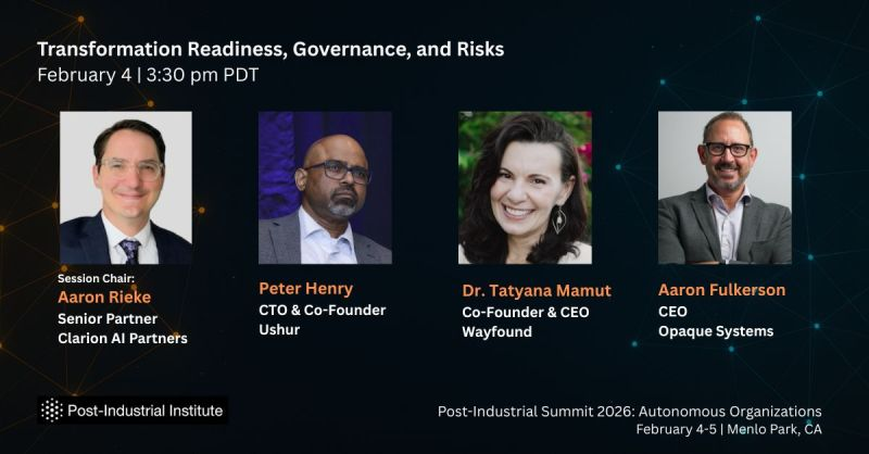 Roebot's tweet photo. Upcoming Session Highlight:
Transformation Readiness, Governance, and Risks

In this session we will dive into common challenges with AI transformations. We know that a large percentage of transformations get bogged down going form pilot projects to production. There are legimitate concerns about customer, financial, regulatory, and brand risks when something goes wrong. Many organizations also find themselves ill-prepared for anything but the most cosmetic changes. How can they find a path to success before it’s too late and they overtaken by faster-moving competitors?

To dive deeper into this topic, join Frode Odegard, Blaine Mathieu, Aaron Rieke, Henry Peter, Tatyana Mamut, PhD and Aaron Fulkerson at the Post-Industrial Summit 2026 on Autonomous Organizations.

https://t.co/WiOU7SSwyl

Post-Industrial Summit 2026: Autonomous Organizations 
February 4-5, Menlo Park, CA