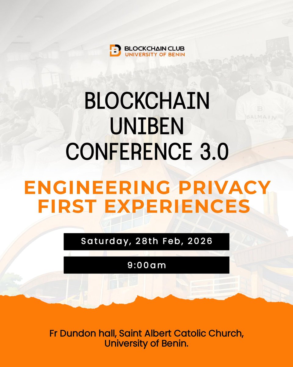 BLOCKCHAIN UNIBEN CONFERENCE 3.0

Everyone talks decentralization.
Fewer talk privacy.
Even fewer understand how it’s actually built.

Builders, learners, and the curious — this one’s for you.

Sponsored by <a href="/ZanoAfrica/">Zano Africa</a>
Register here: luma.com/ycfjj4us