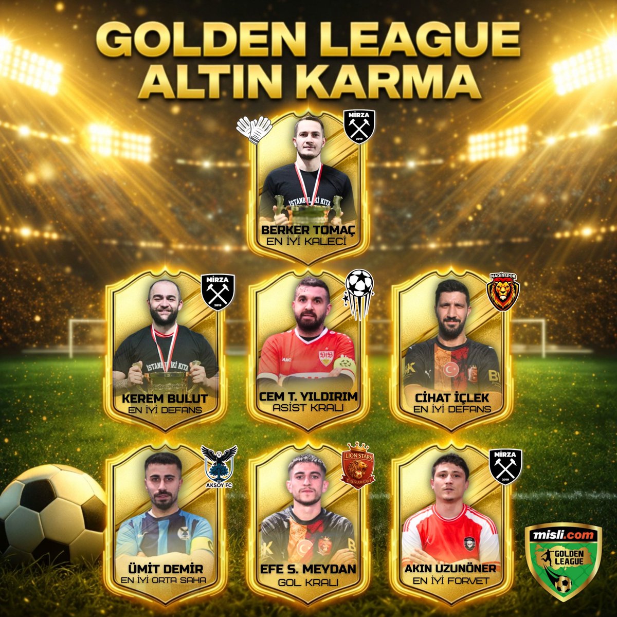 Misli.com Golden League / Premier Lig / 2025 Kapanış Sezonunda Altın Karma Sizlerin Oylarıyla Belirlendi.

İşte Sezonun Altın Karması.

Bu takım yenebilecek kadroyu sizde yorumlara yazın.

#eniyilerinligi #goldenlig #goldenleague #futbol #halısaha #altınkarma