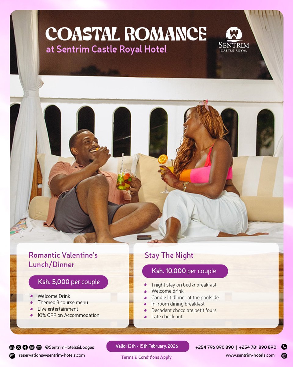 Sentrim_Hotels's tweet photo. Celebrate love and timeless moments at Sentrim Hotels &amp; Lodges🌹
Valid: 13th - 15th February, 2026 
☎️0796 890 890 / 0781 890 890 
📧reservations@sentrim-hotels.com https://t.co/8Rs3Gd3RO8