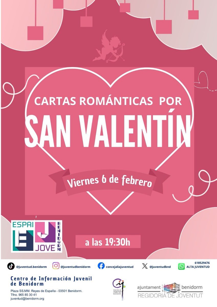 🌹✨ ¡Celebra San Valentín de una manera única! ✨🌹

Este viernes 6 de febrero a las 19:30h, ven al Centro de Información Juvenil de Benidorm y participa en nuestro taller de Cartas Románticas. 🖋️💌

🔹 Crea cartas personalizadas para tu pareja, amigos/as o esa persona especial.
